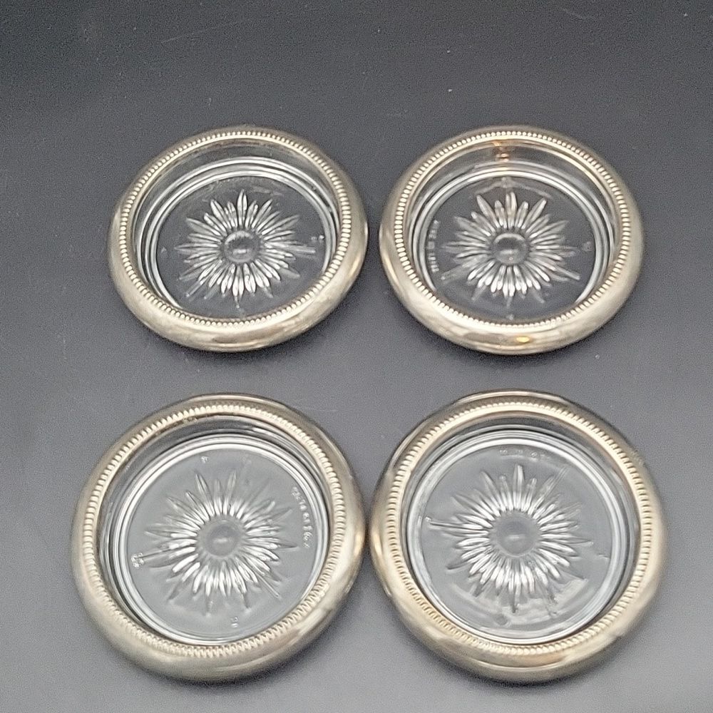 Set of 4 Vintage MCM Frank Leonard Silver Plate Starburst Glass Coasters Italy